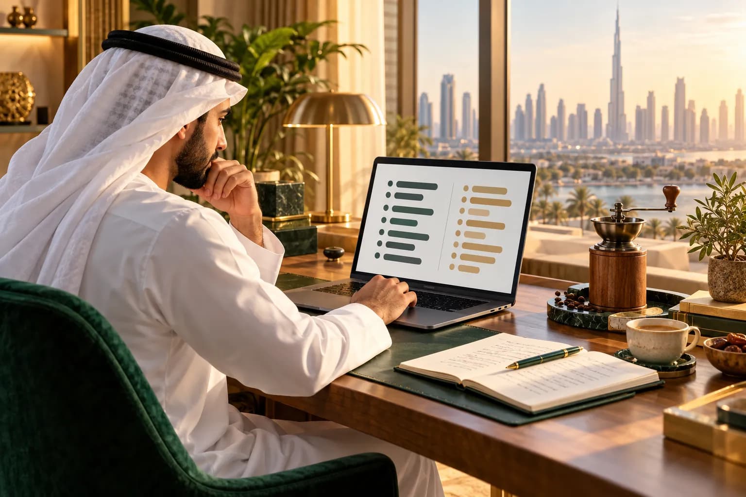 A young Emirati seller at a bright home office desk comparing two columns of search keywords on a laptop, with a coffee grinder product sample beside it