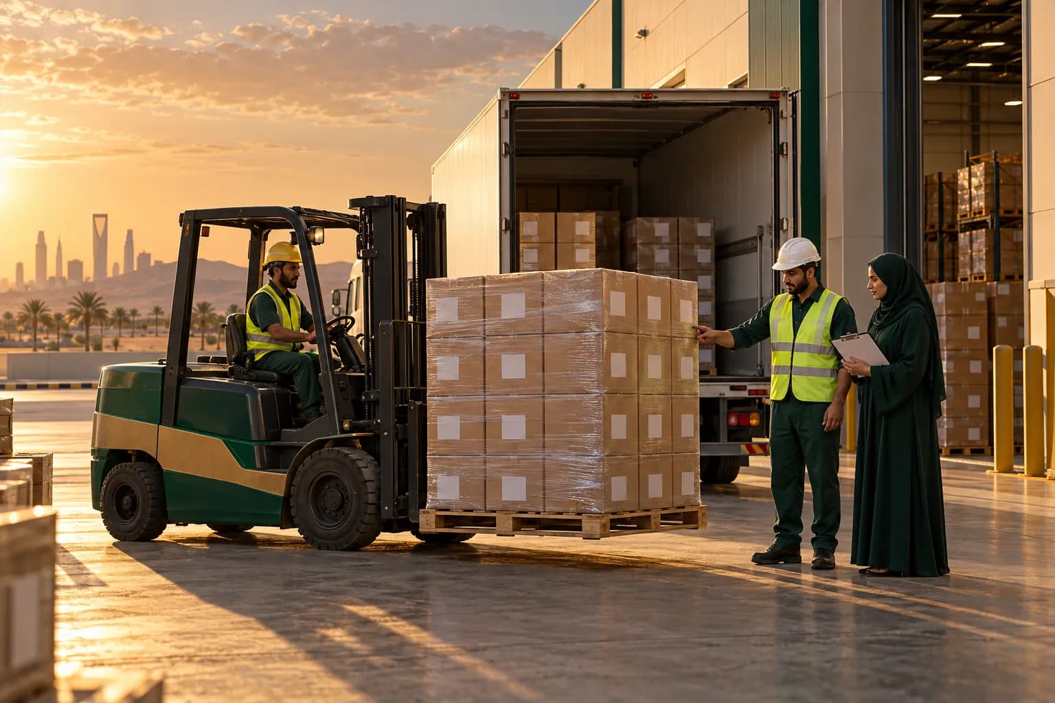 A forklift unloading a pallet of labelled cartons at the loading dock of a large fulfilment centre outside Riyadh at golden hour