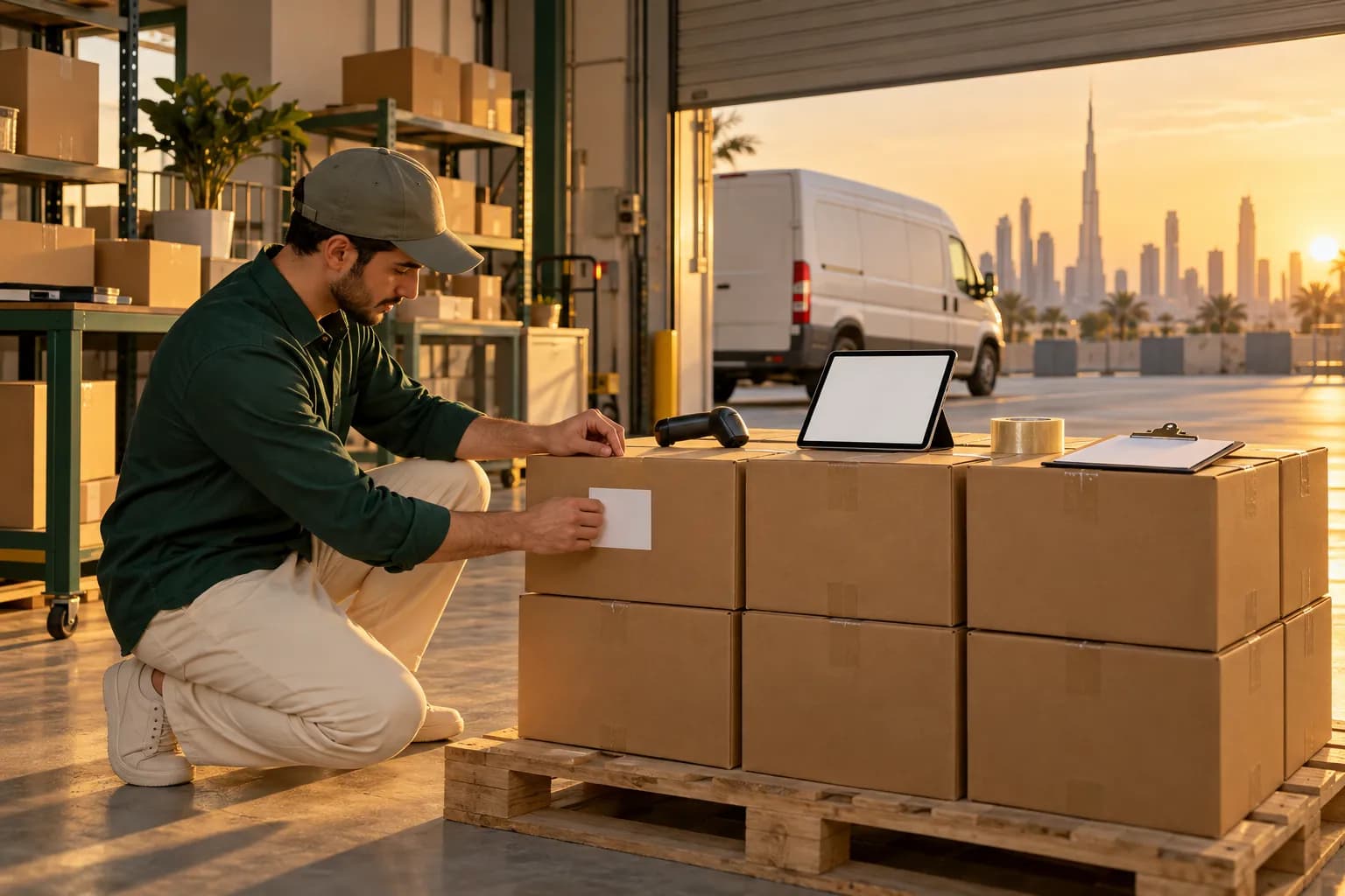 A seller labelling cardboard cartons on a pallet at a small Gulf warehouse before sending them to an online marketplace's fulfilment centre