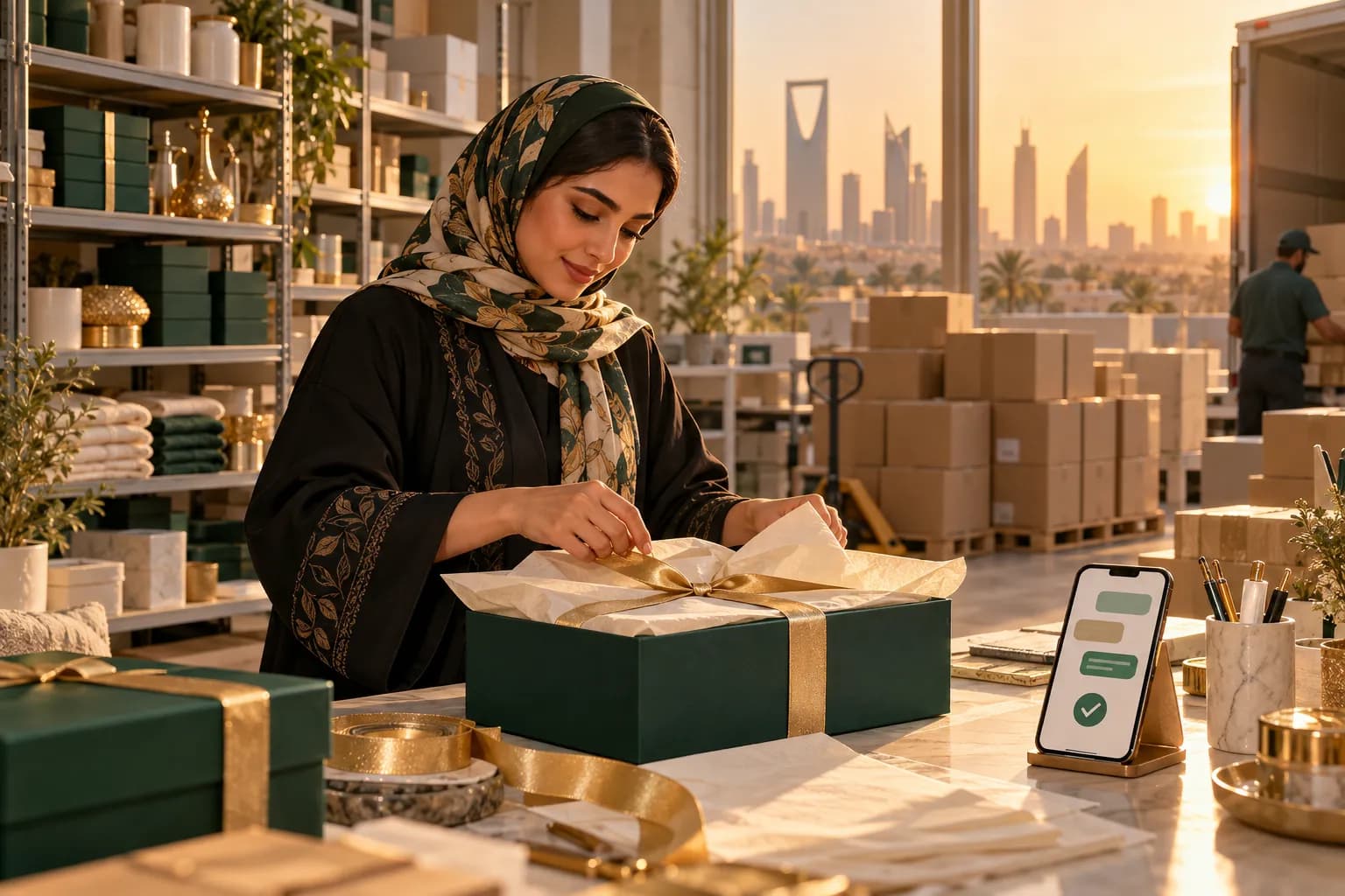 A young Saudi seller in a bright Riyadh stockroom packing a branded gift box for her own online store, while sealed cartons for a marketplace warehouse wait on a pallet behind her