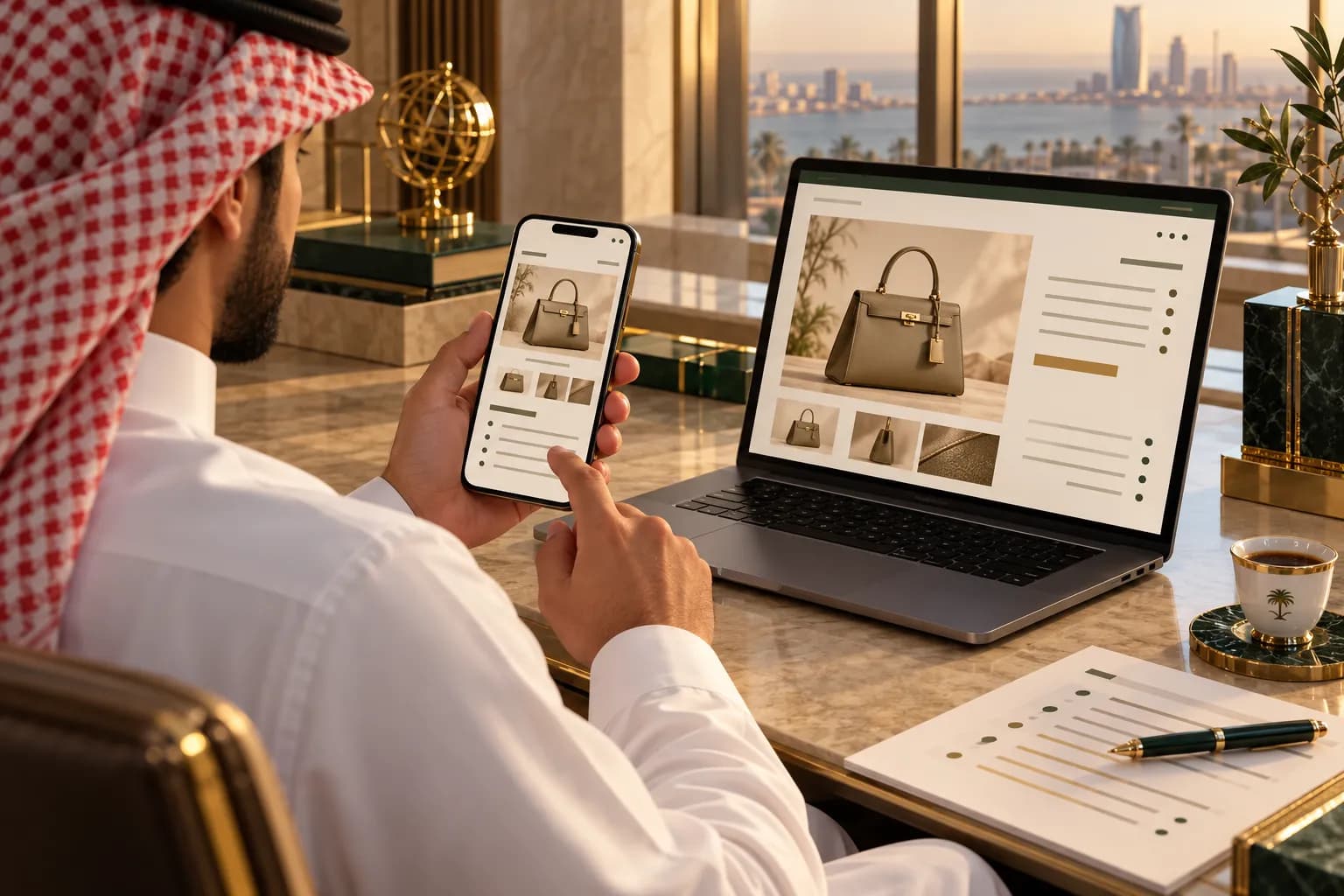 A Saudi copywriter checks an Arabic product page on a phone beside a laptop showing the same page