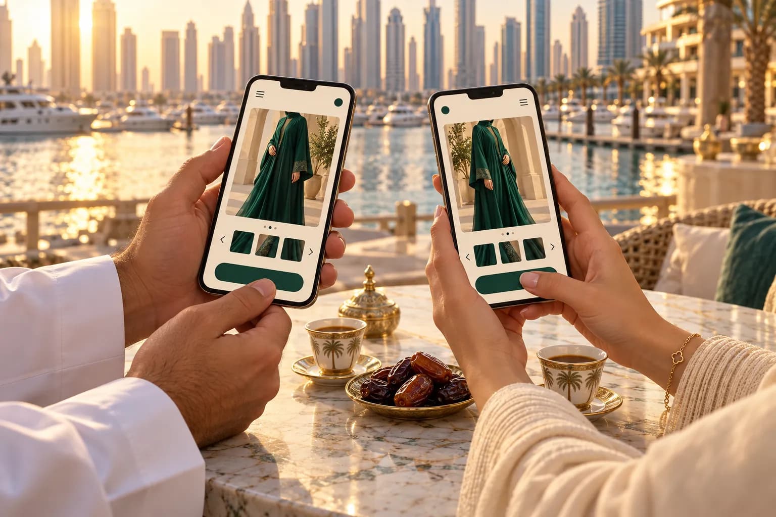 Two shoppers in a Dubai café, one browsing a store in Arabic and one in English on their phones