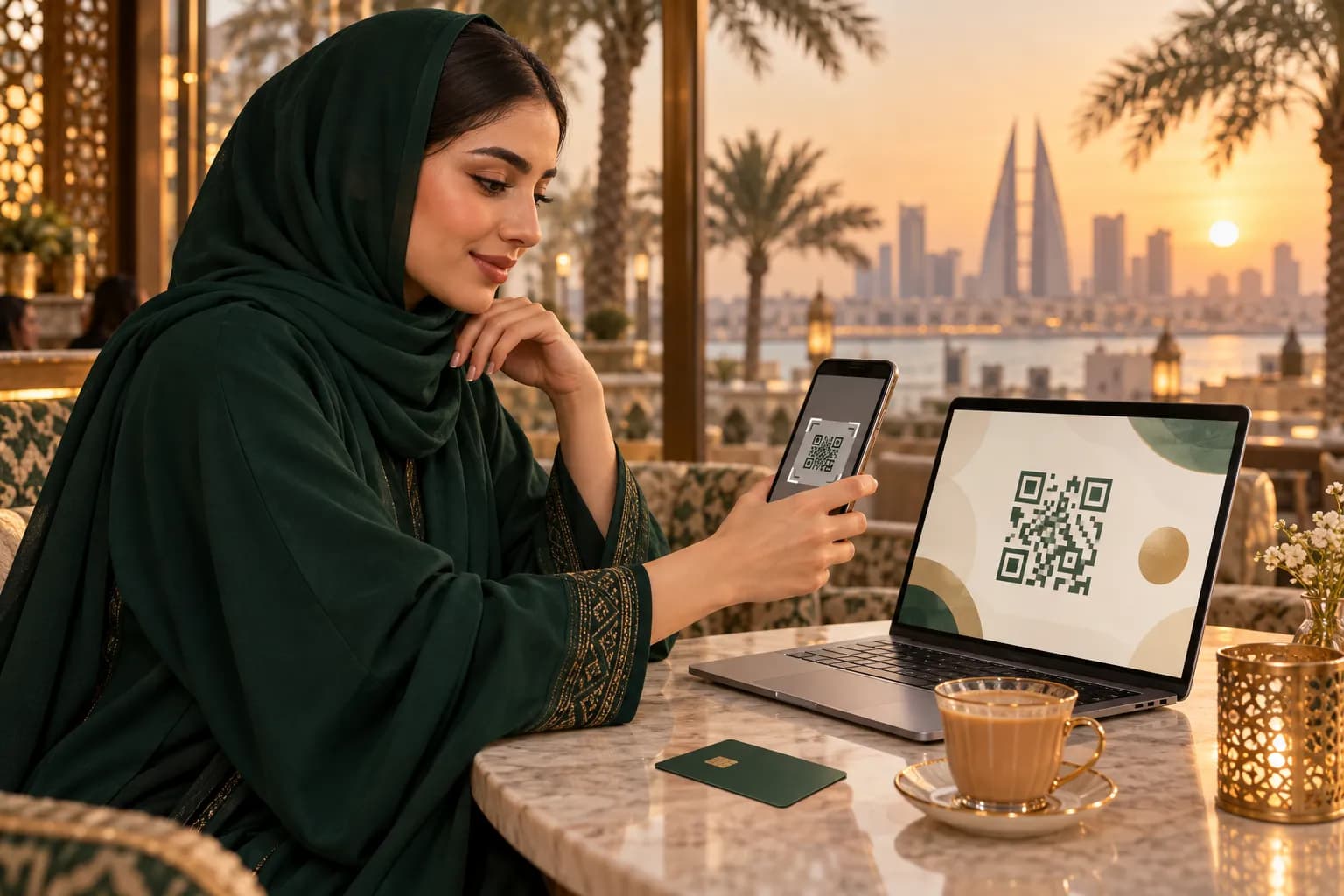A young Bahraini woman in a modest abaya paying for an online order with a wallet app on her phone at a café table in Manama at golden hour