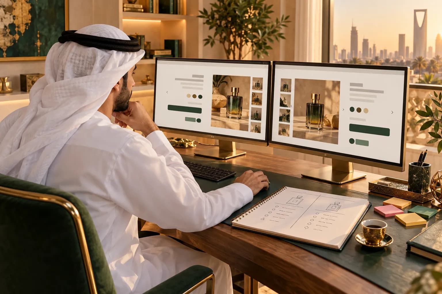 A young Emirati marketer at a desk comparing an Arabic and an English version of the same online store on two monitors