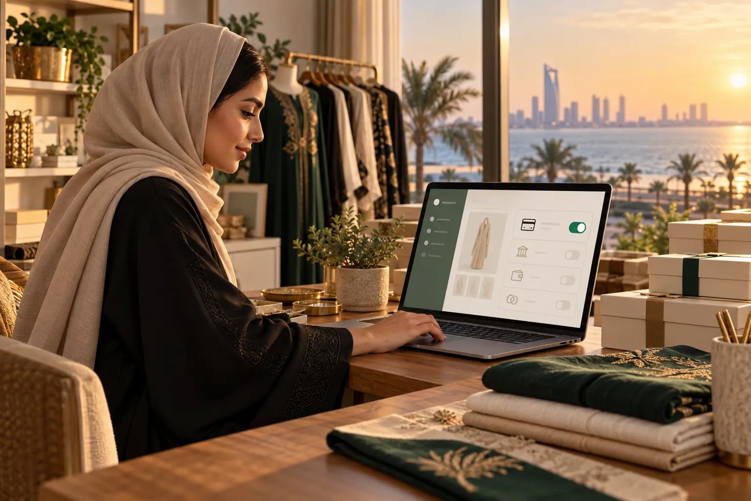 A Saudi store owner switching on instalment payments in her online store's payment settings on a laptop in a Jeddah studio