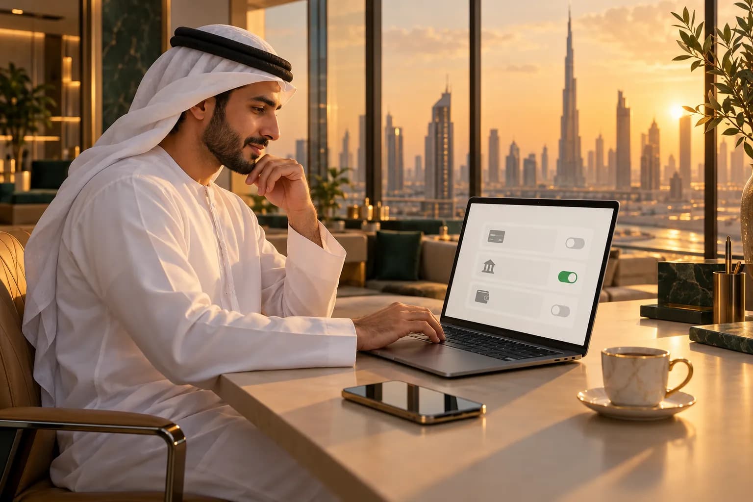 A young Emirati founder in a Dubai free zone office connecting instalment payments in a payment gateway dashboard on a laptop