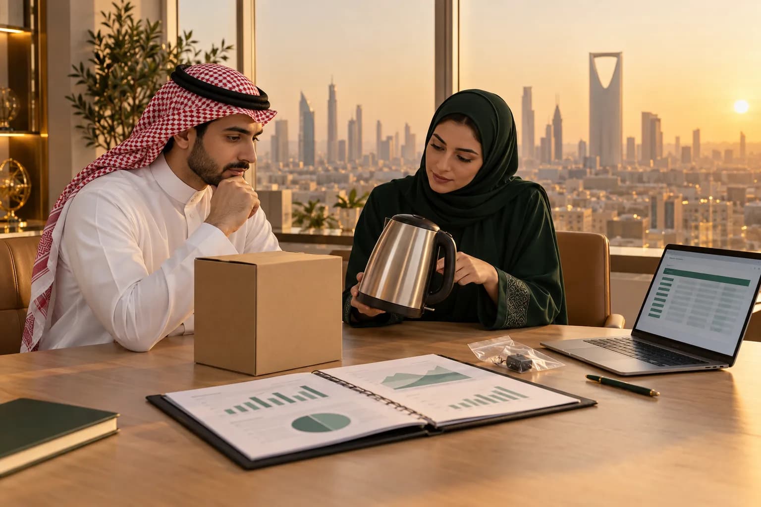 A Saudi importer and a certification engineer at a Riyadh office table comparing a product sample, its test report folder and a quote on a laptop