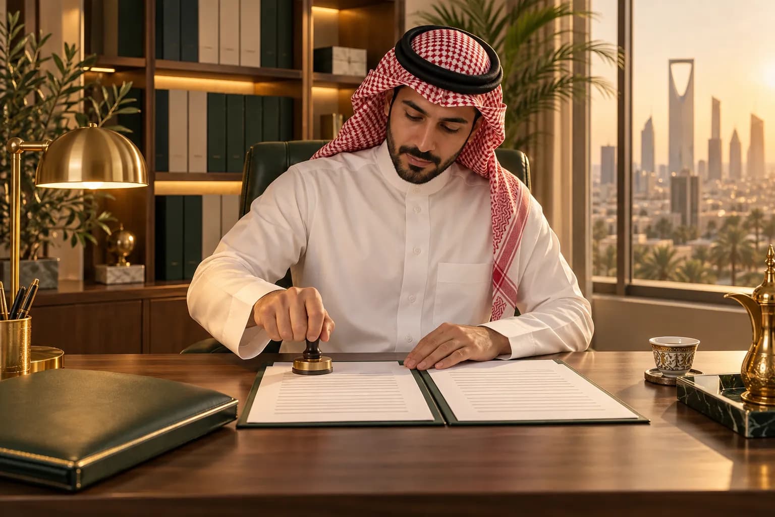 A translator at a certified translation office in Riyadh stamping a translated company document beside the original, with a passport-style folder on the desk