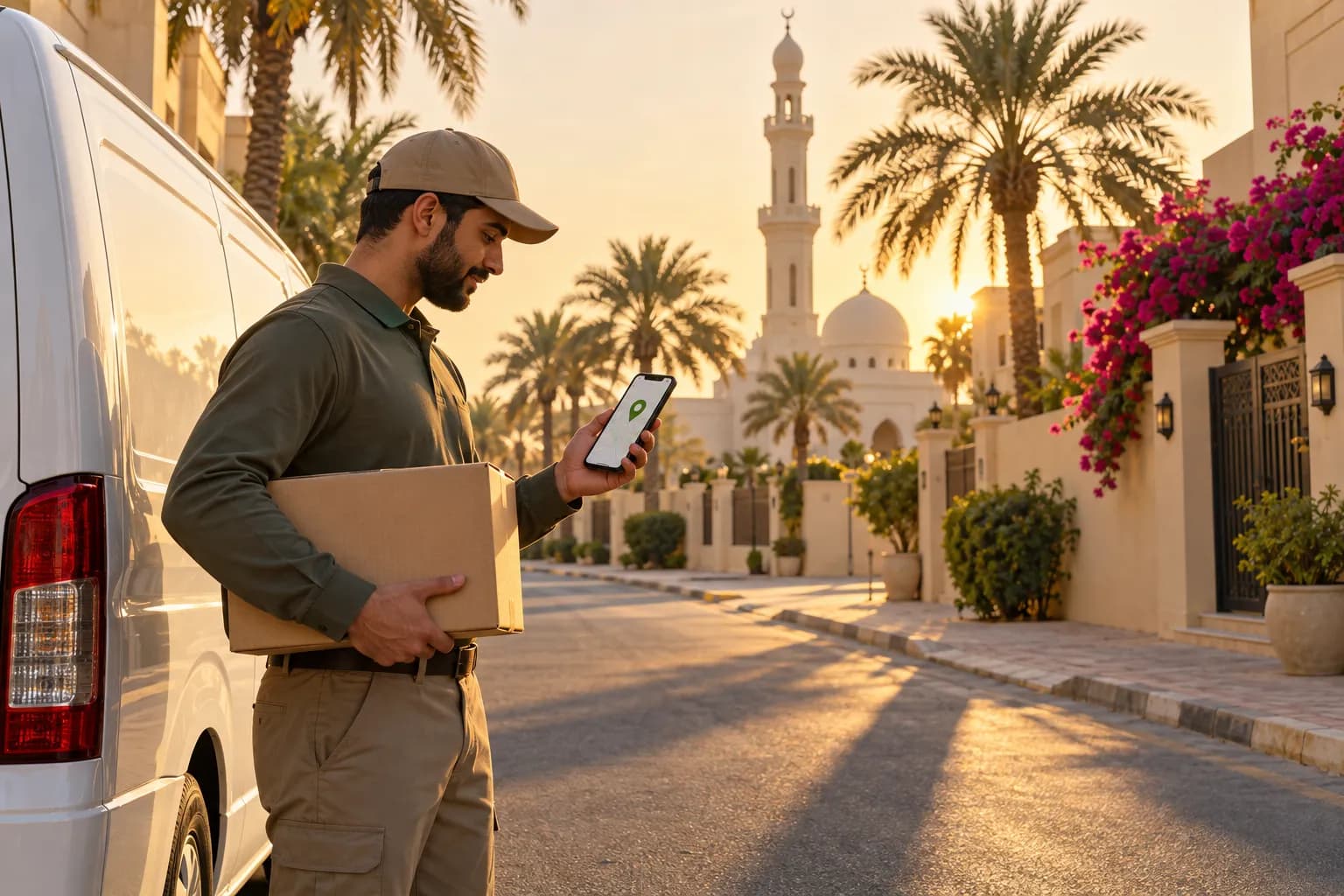 A courier checking a map pin on his phone outside villas in Sharjah, with a mosque minaret as the landmark