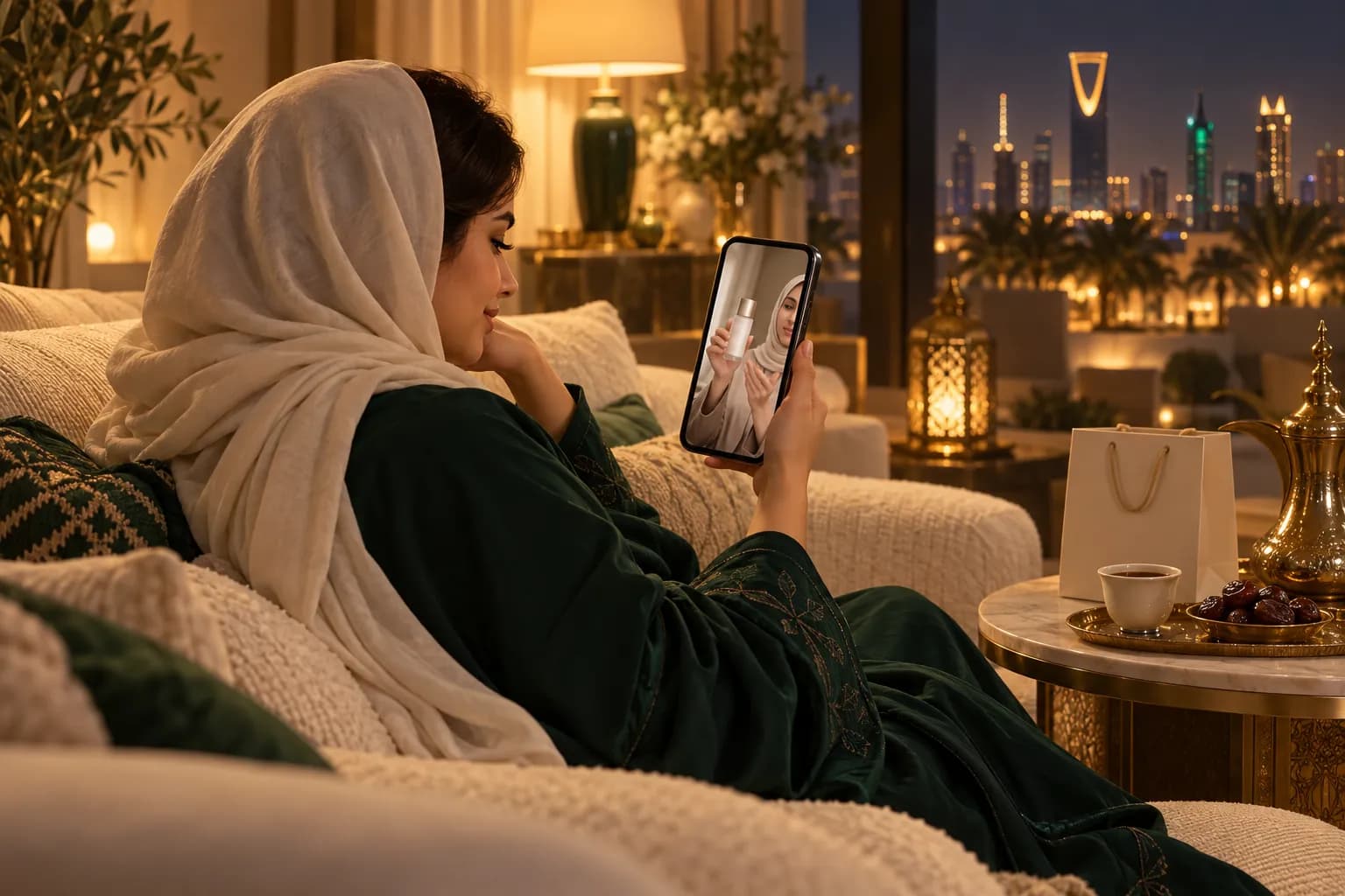 A young Saudi woman on a sofa in a Riyadh living room at night, watching a creator's short product video on her phone with a shopping bag beside her