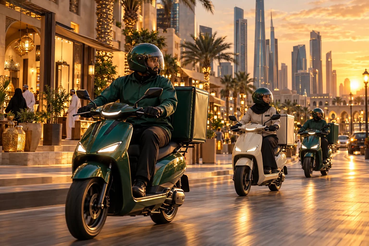 Delivery riders on scooters with insulated boxes setting off from a lively Gulf city street at dusk
