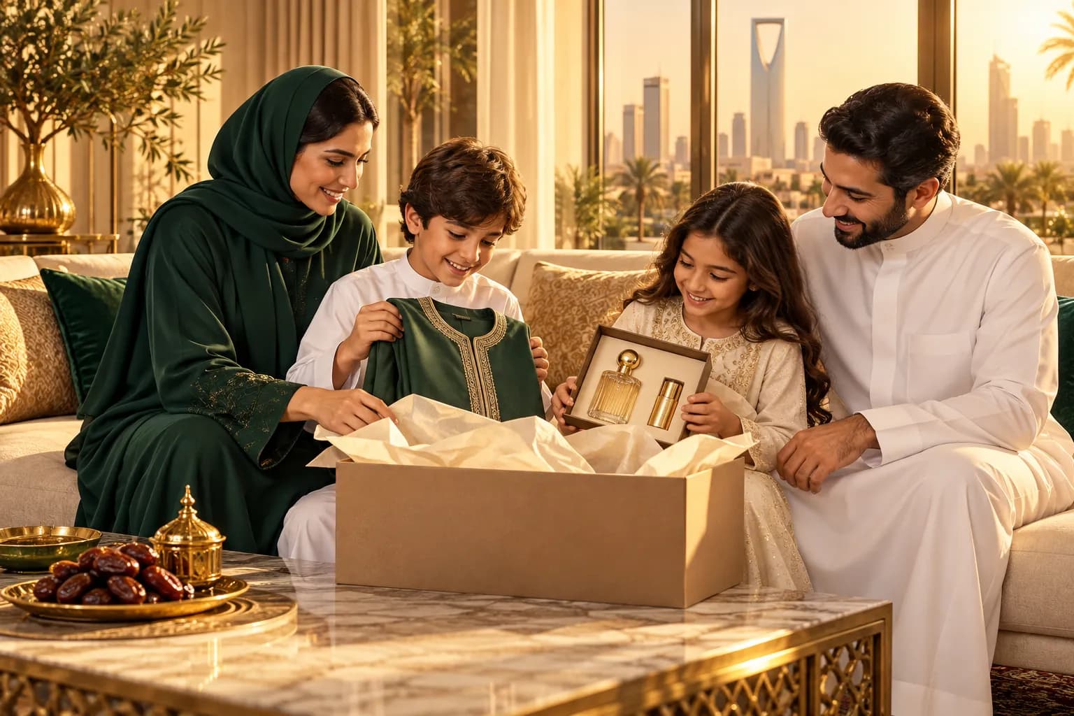 A Saudi family in modest dress unpacking a delivery box together in a sunlit Riyadh living room