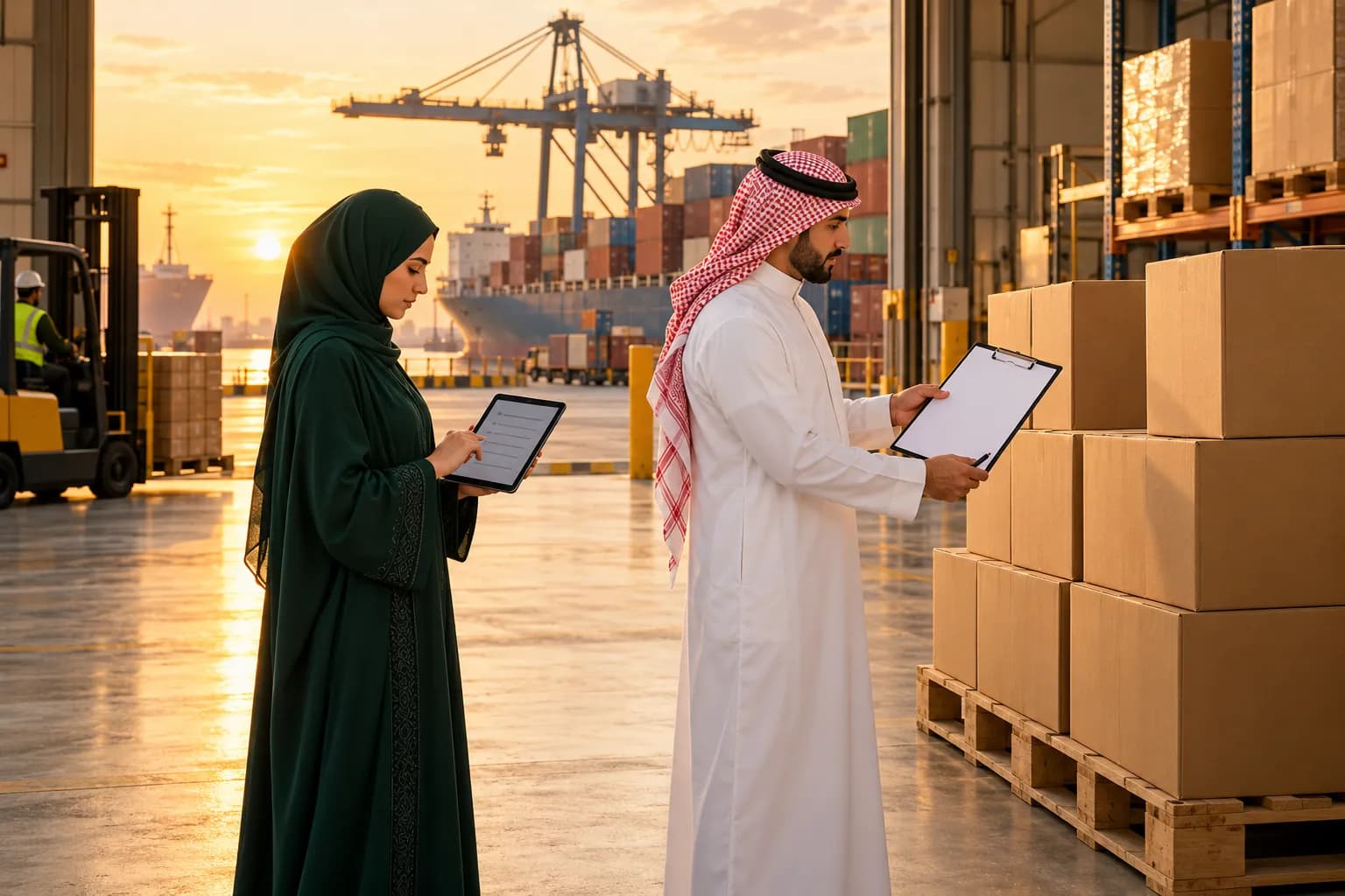 Customs broker checking a commercial invoice and packing list against labelled cartons on a pallet in a Jeddah port warehouse