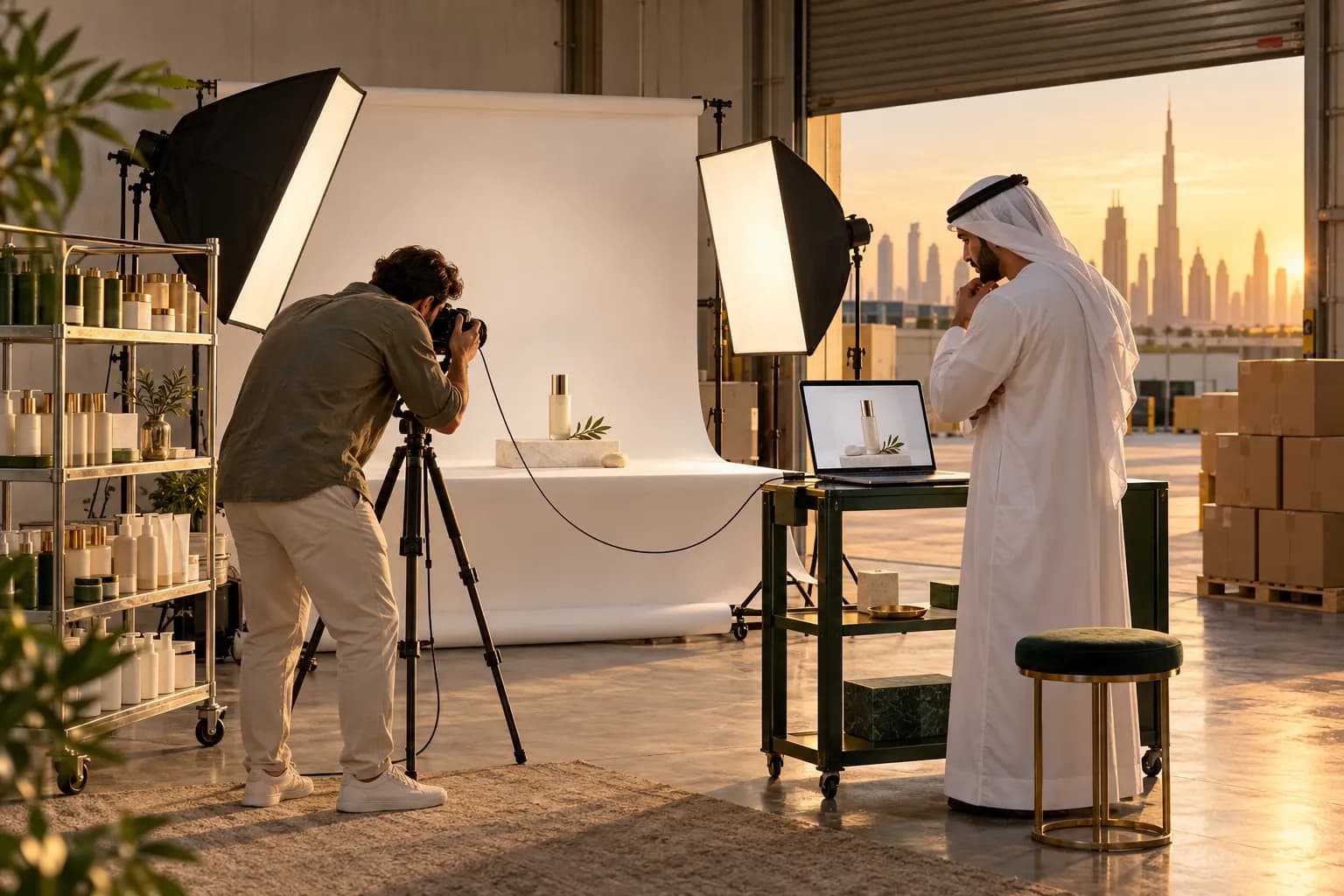 A photographer shooting a skincare bottle on a white sweep in a small Dubai studio while the founder checks shots on a laptop