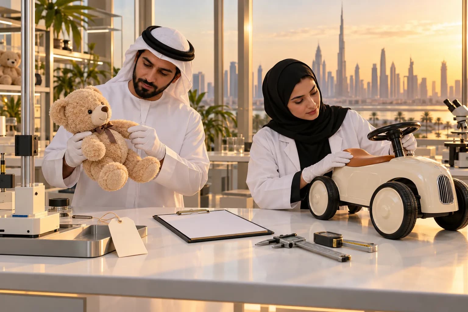 An Emirati lab engineer and a technician examining a plush teddy bear and a small ride-on car on a test bench in a Dubai laboratory