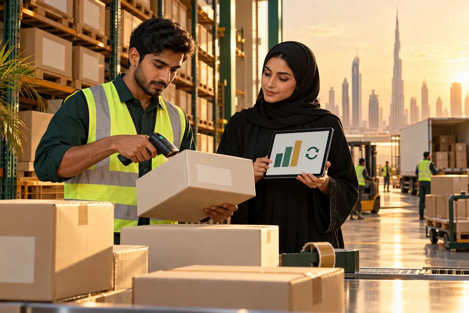 A warehouse worker in a Dubai fulfilment centre scanning a parcel while a colleague checks live stock levels for several sales channels on a tablet