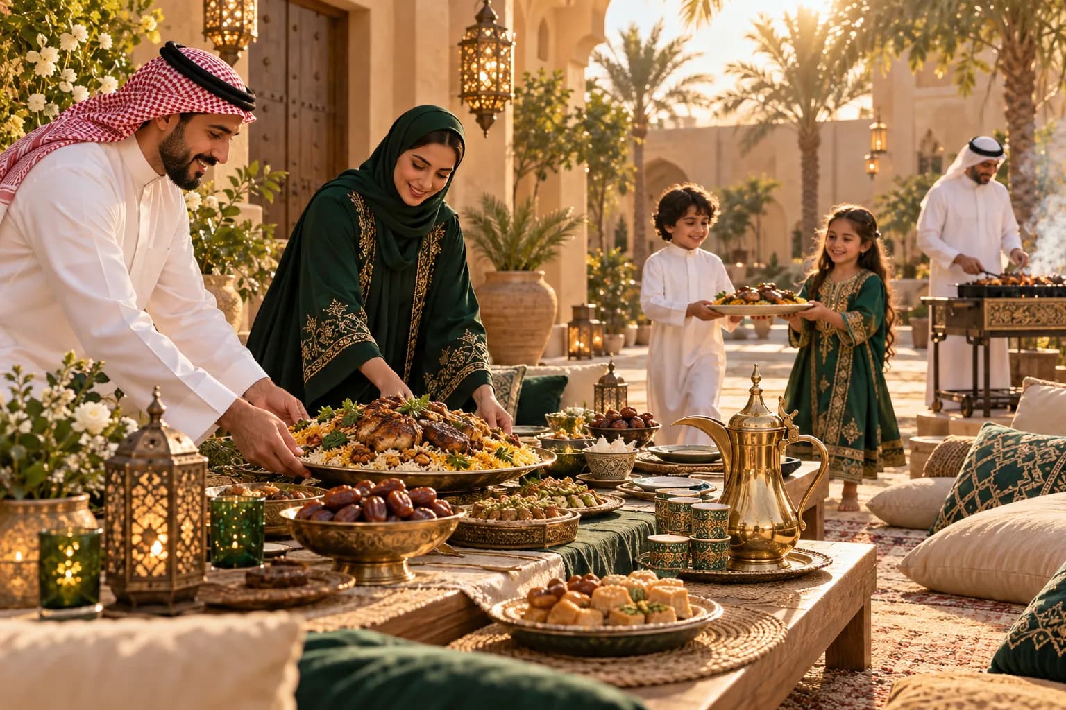 A Saudi family setting a long table for Eid al-Adha guests with serving trays, a brass coffee pot, dates and grilled food in a sunlit courtyard