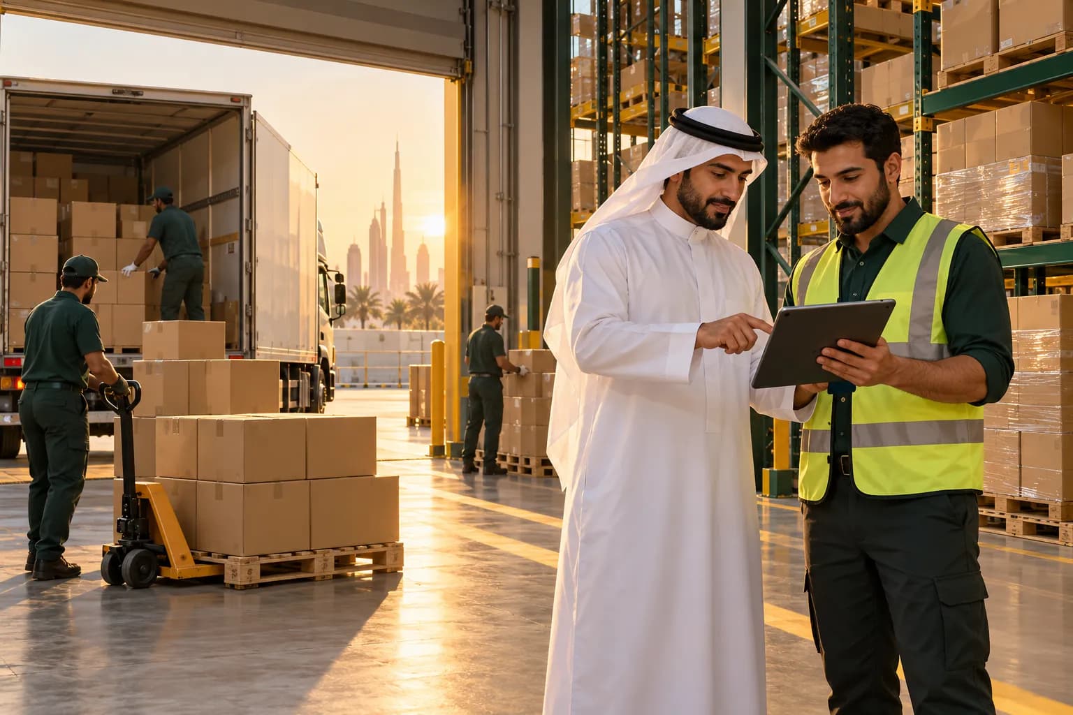 A foreign brand's labelled cartons being unloaded at a modern Gulf fulfilment warehouse, with a local customs broker and a warehouse manager checking a tablet