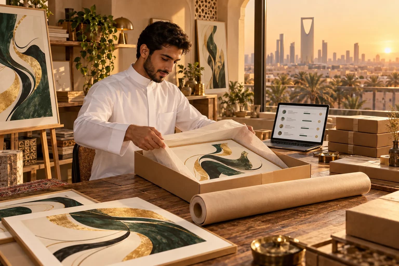 A young Saudi designer packing framed calligraphy prints for online orders at a desk in a sunlit home studio in Riyadh