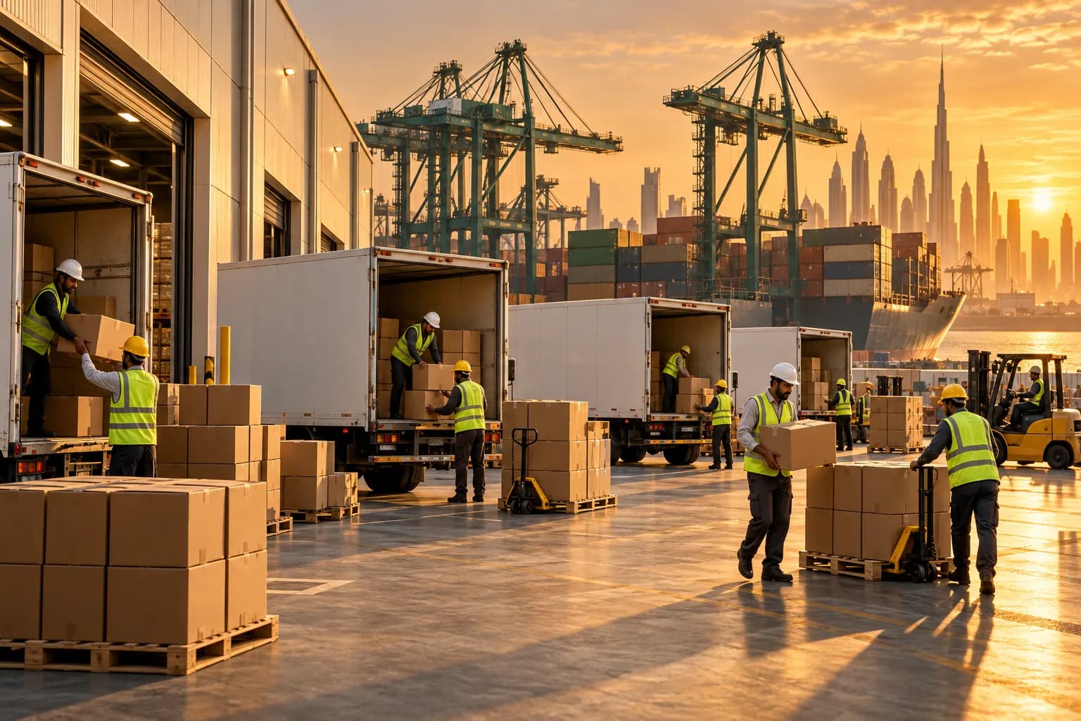 Workers in hi-vis vests loading cartons into white trucks at a warehouse near Jebel Ali port, with cranes and containers behind them at sunset