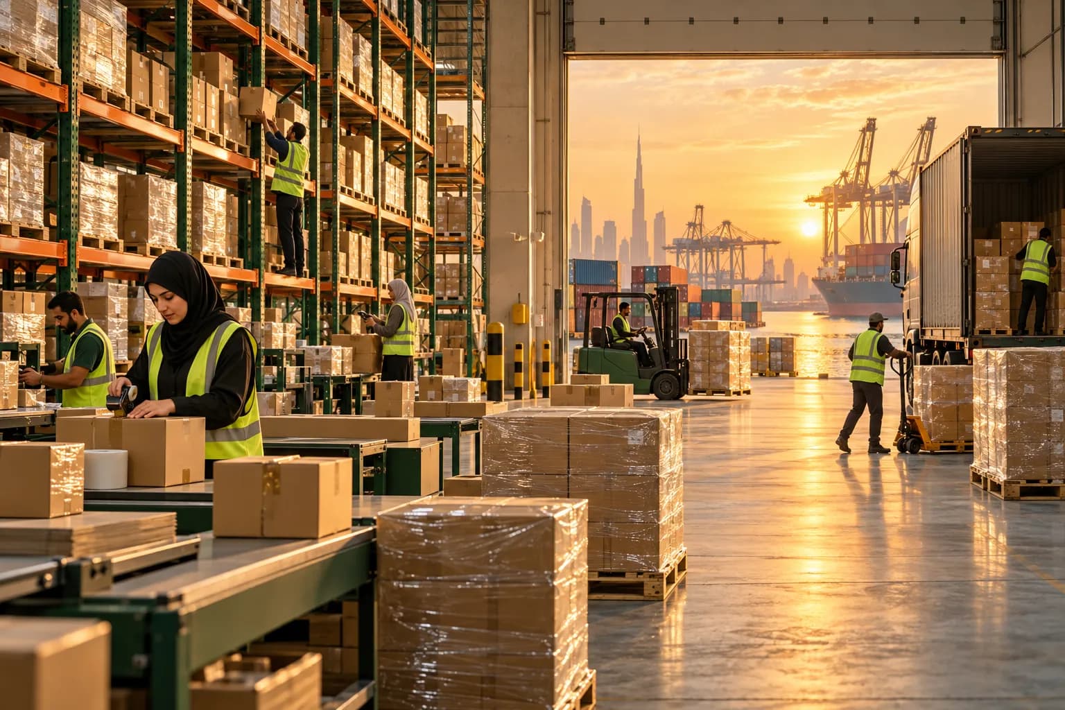 Workers picking and packing online orders on tall racking inside a bright free zone warehouse near Jebel Ali, with cartons on pallets and a loading bay open to the golden evening light