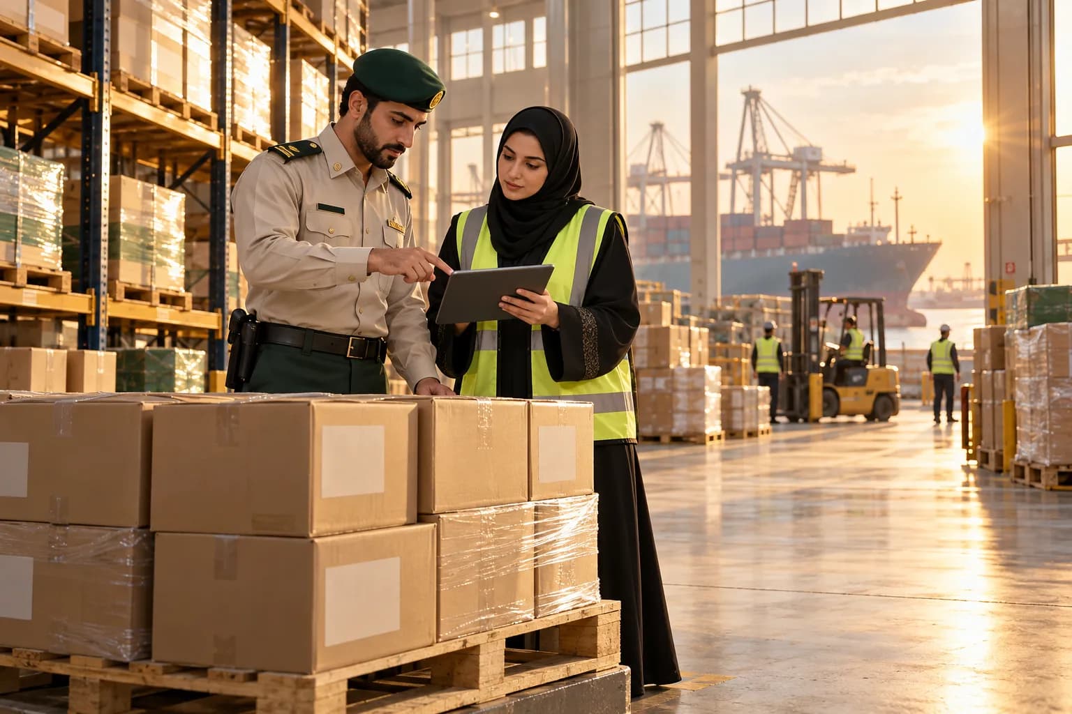A customs officer and a logistics manager in a safety vest checking labelled cartons on a pallet inside a Gulf port warehouse