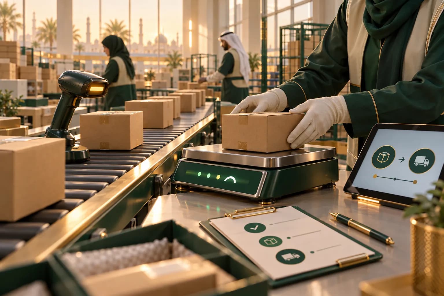 Courier staff scanning small ecommerce parcels on a conveyor in a bright Gulf sorting hub