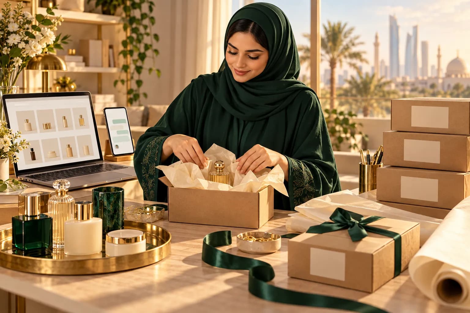 A young Gulf woman in a modest abaya packing beauty and fragrance orders into small parcels at a bright home workspace, with a laptop showing an abstract online store