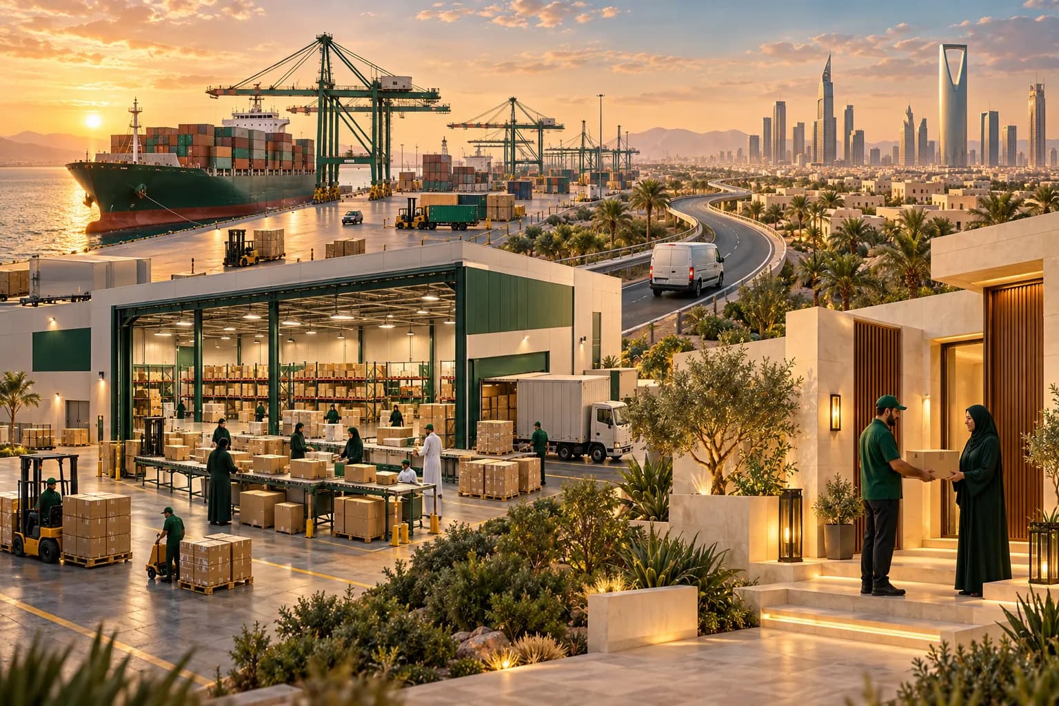 A container ship at a Red Sea port, a port warehouse with pallets, a fulfilment centre and a delivery van arriving at a Riyadh home