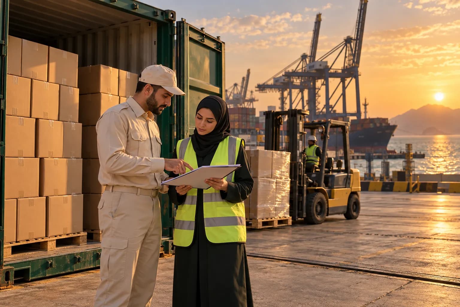 Customs broker and logistics manager checking cartons and paperwork beside a container at a Saudi port at golden hour