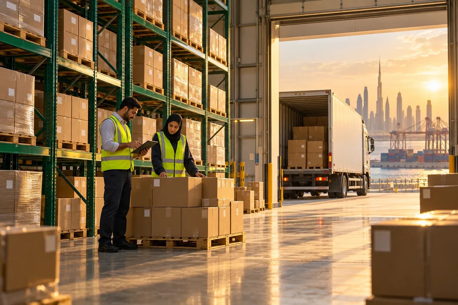 Warehouse staff checking pallets of cartons against a tablet inside a modern free-zone warehouse near a Dubai port, with a truck backing into the loading bay