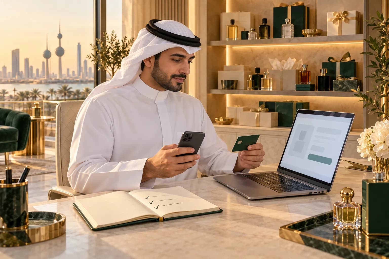 A young Kuwaiti business owner in a small Kuwait City boutique office testing an online checkout on a laptop and a phone, with a debit card and packed gift boxes on the desk