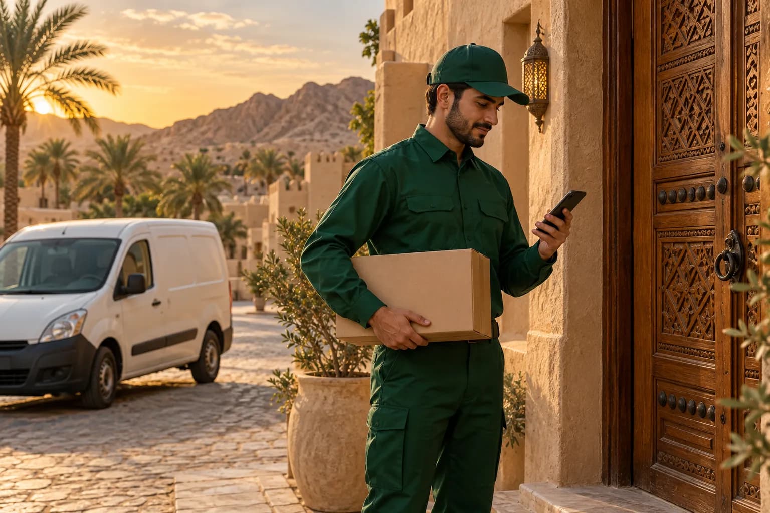A Saudi courier checking a Short Address on his phone outside a sand-coloured house in a small Saudi town, with a white delivery van behind him