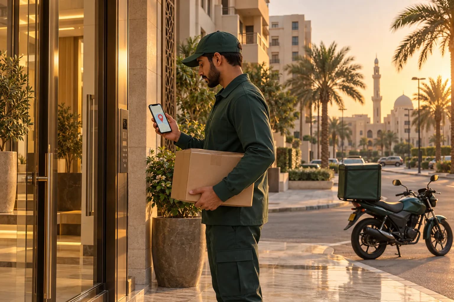 A courier in a plain uniform checking a map pin on his phone at the entrance of a mid-rise apartment building in Sharjah, holding a parcel