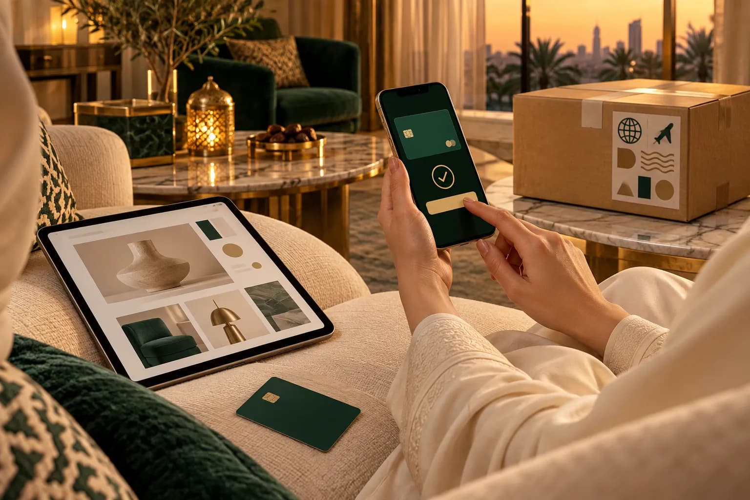 A Saudi shopper paying on a smartphone at home with a debit card beside her, an abstract checkout on screen