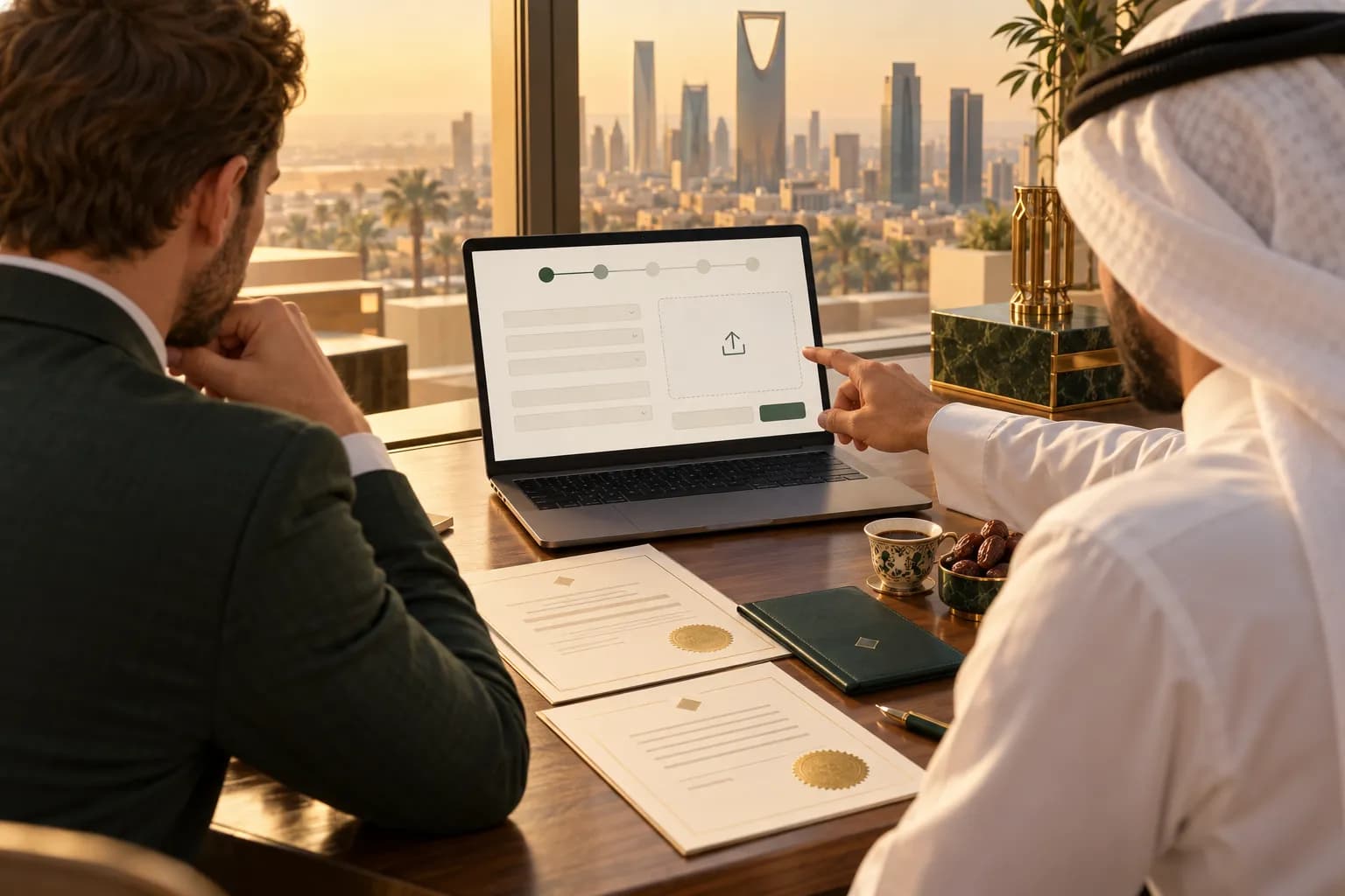 A foreign investor and a Saudi adviser filling in an online investment registration form on a laptop in a bright Riyadh office