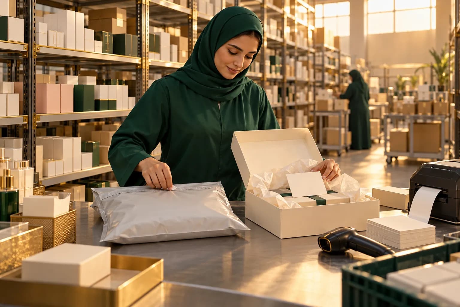 Rows of neatly labelled shelves in a bright Dubai fulfilment warehouse, with a packer preparing two parcels side by side, one in plain marketplace packaging and one in a branded gift box