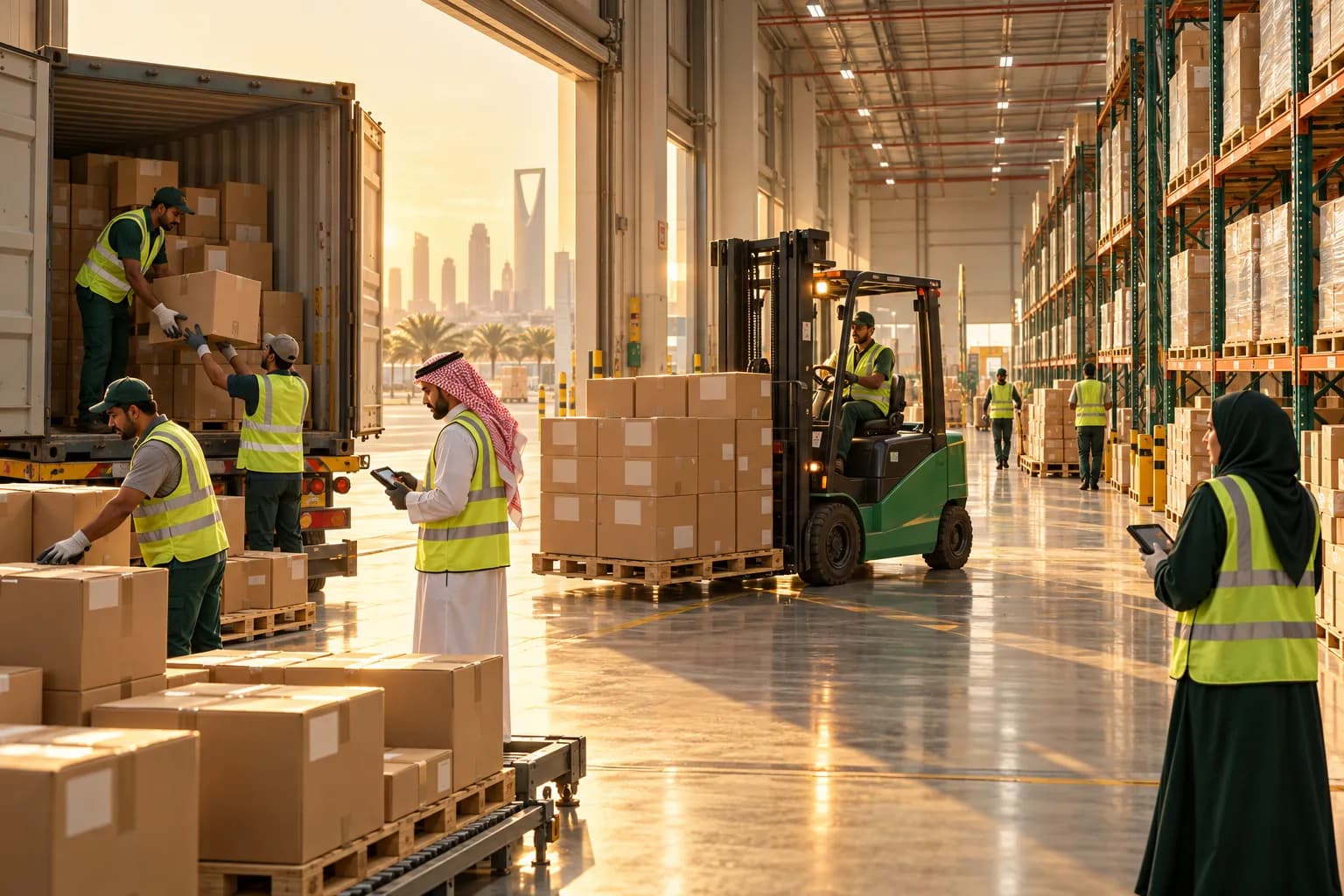 Workers unloading cartons from a shipping container into a large fulfilment warehouse in Riyadh