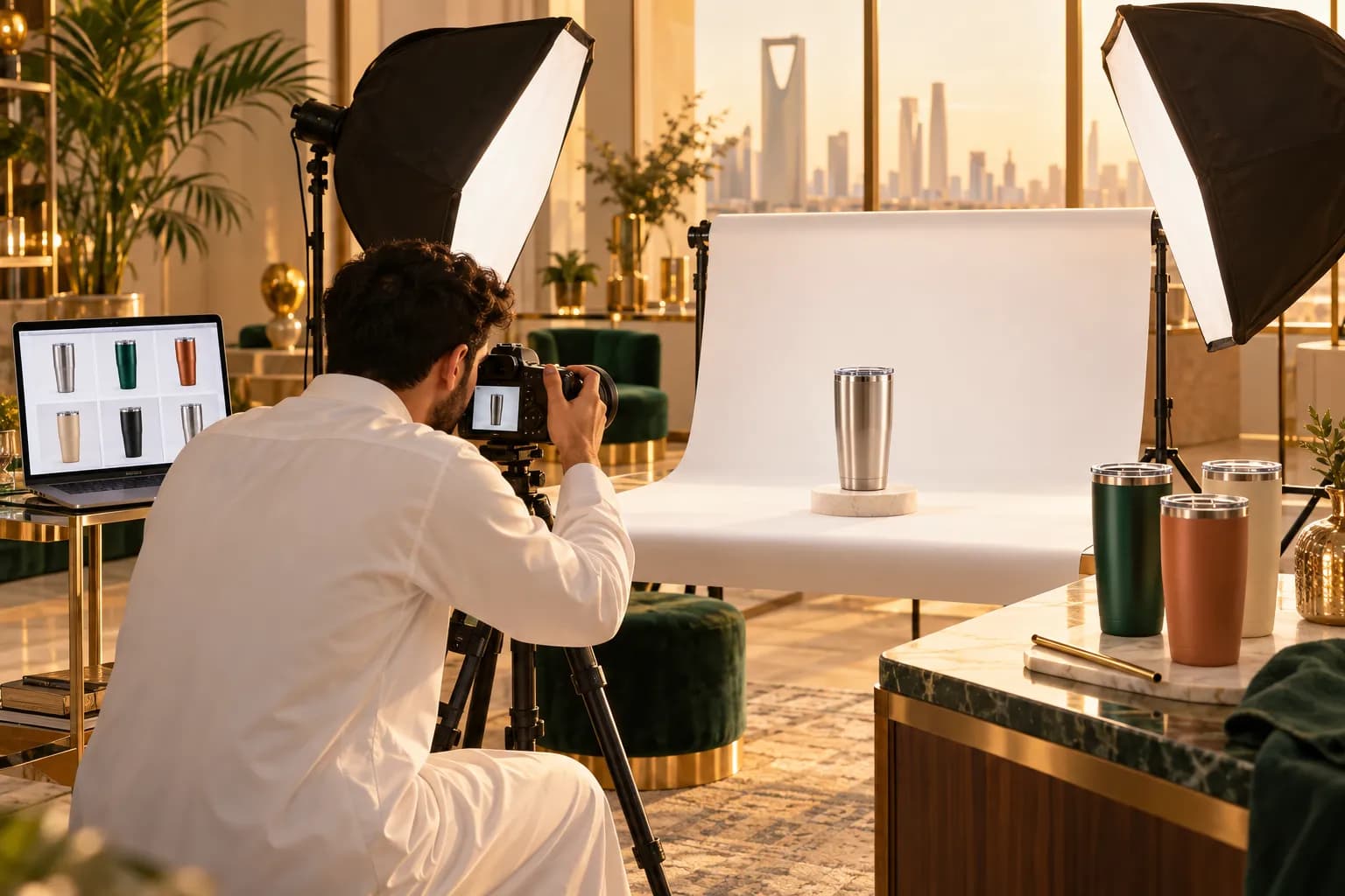 A Gulf seller photographing a stainless steel tumbler on a white backdrop in a small Riyadh studio, with a laptop showing product photos beside the camera