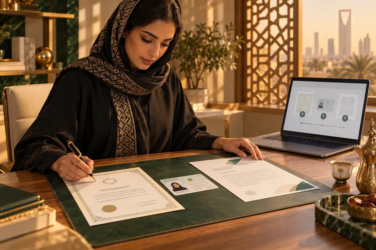 A Saudi businesswoman at a tidy desk in Riyadh checking a licence, an ID card and a bank letter side by side before uploading them on a laptop