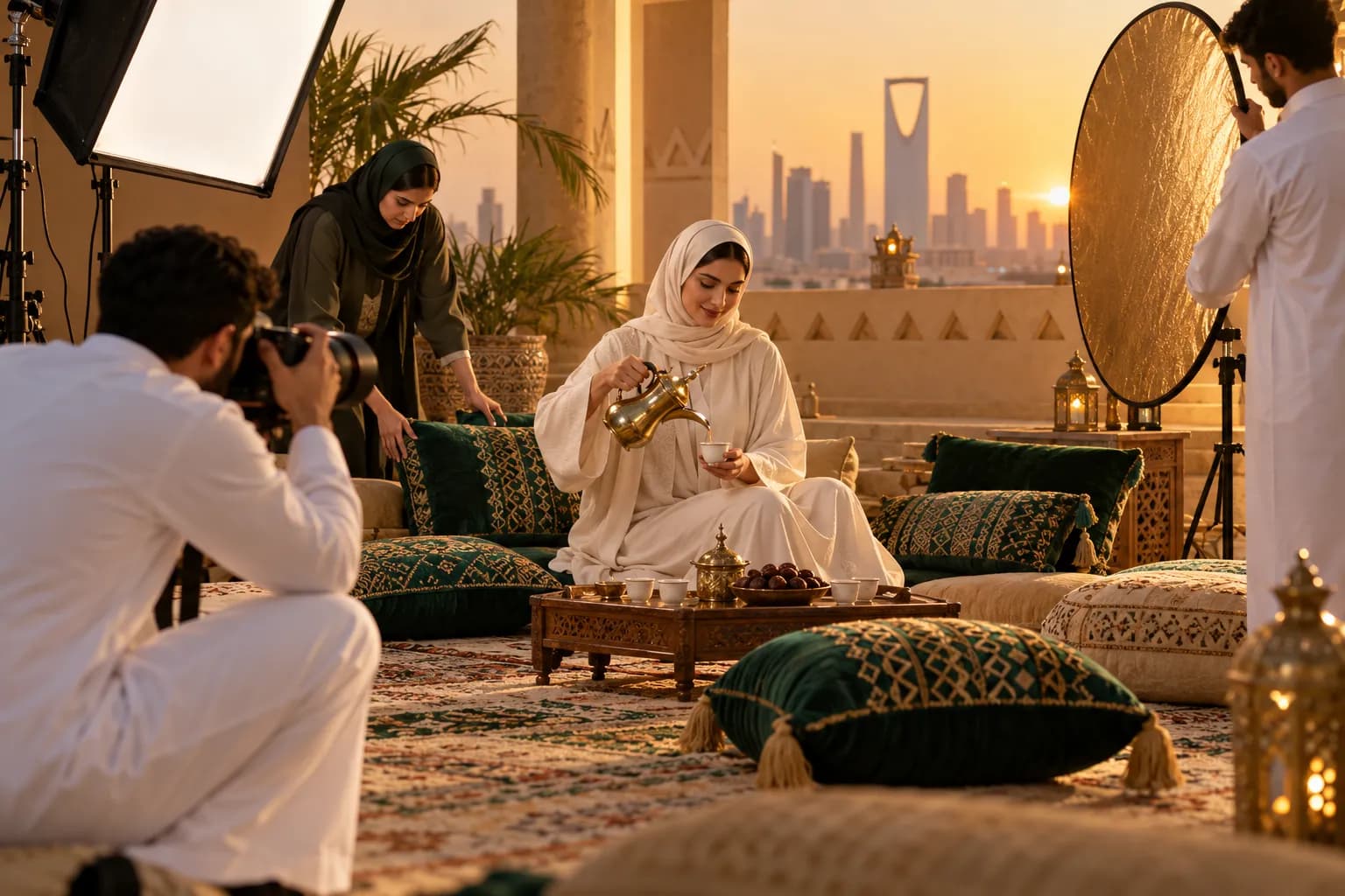 A photographer shooting a Saudi model in a loose long-sleeve abaya pouring Arabic coffee in a majlis-style studio set, with a stylist adjusting cushions and a lighting assistant holding a reflector