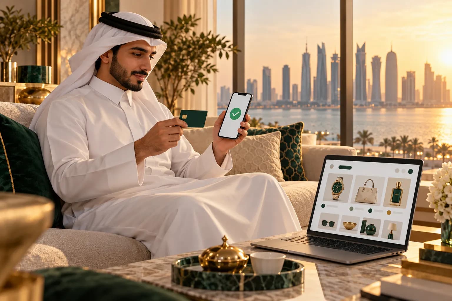 A young Qatari man in a white thobe paying for an online order on his phone with a debit card in hand, sitting in a bright Doha apartment at golden hour