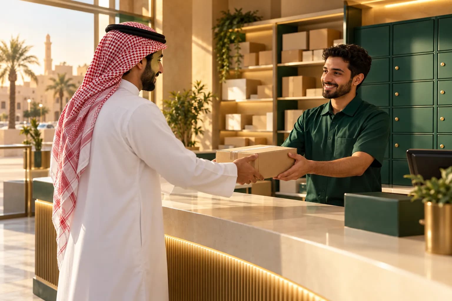 A Saudi shopper hands a small return parcel to a clerk at the counter of a post office branch in a smaller Saudi town