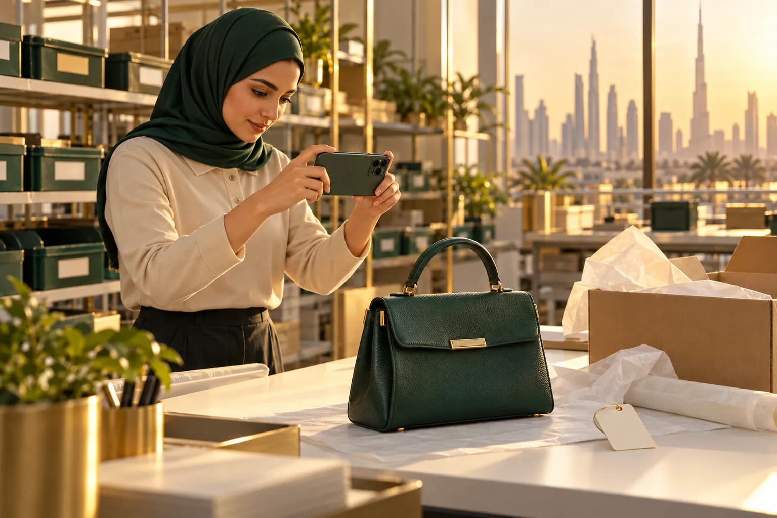 A warehouse worker photographs a returned handbag on a grading table with a smartphone in a bright Dubai fulfilment centre