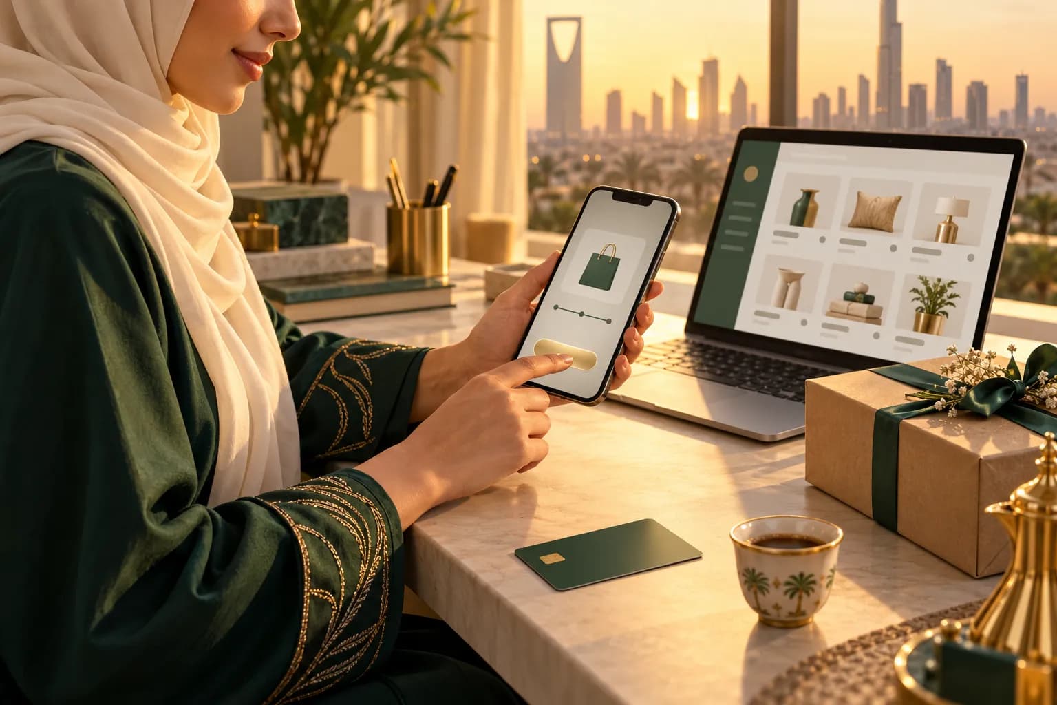 A Saudi store owner in a hijab placing a test order on her smartphone at a desk, with a bank card, a small parcel and an open laptop beside her