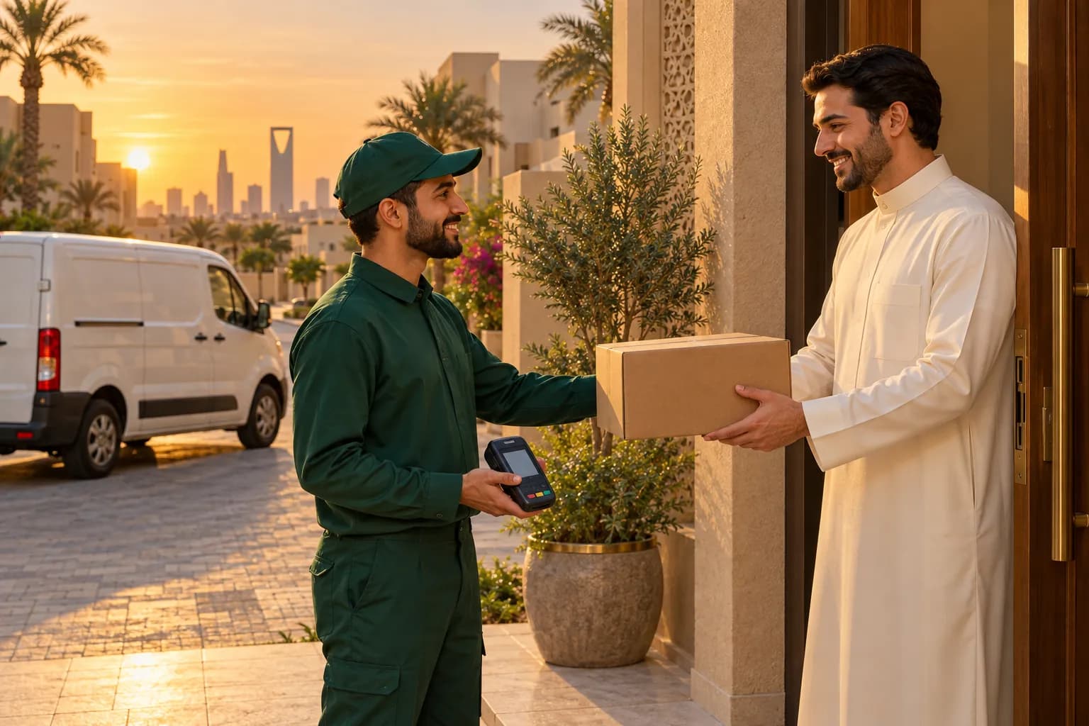 A delivery courier handing a parcel to a smiling customer at the door of a modern villa in Riyadh at sunset