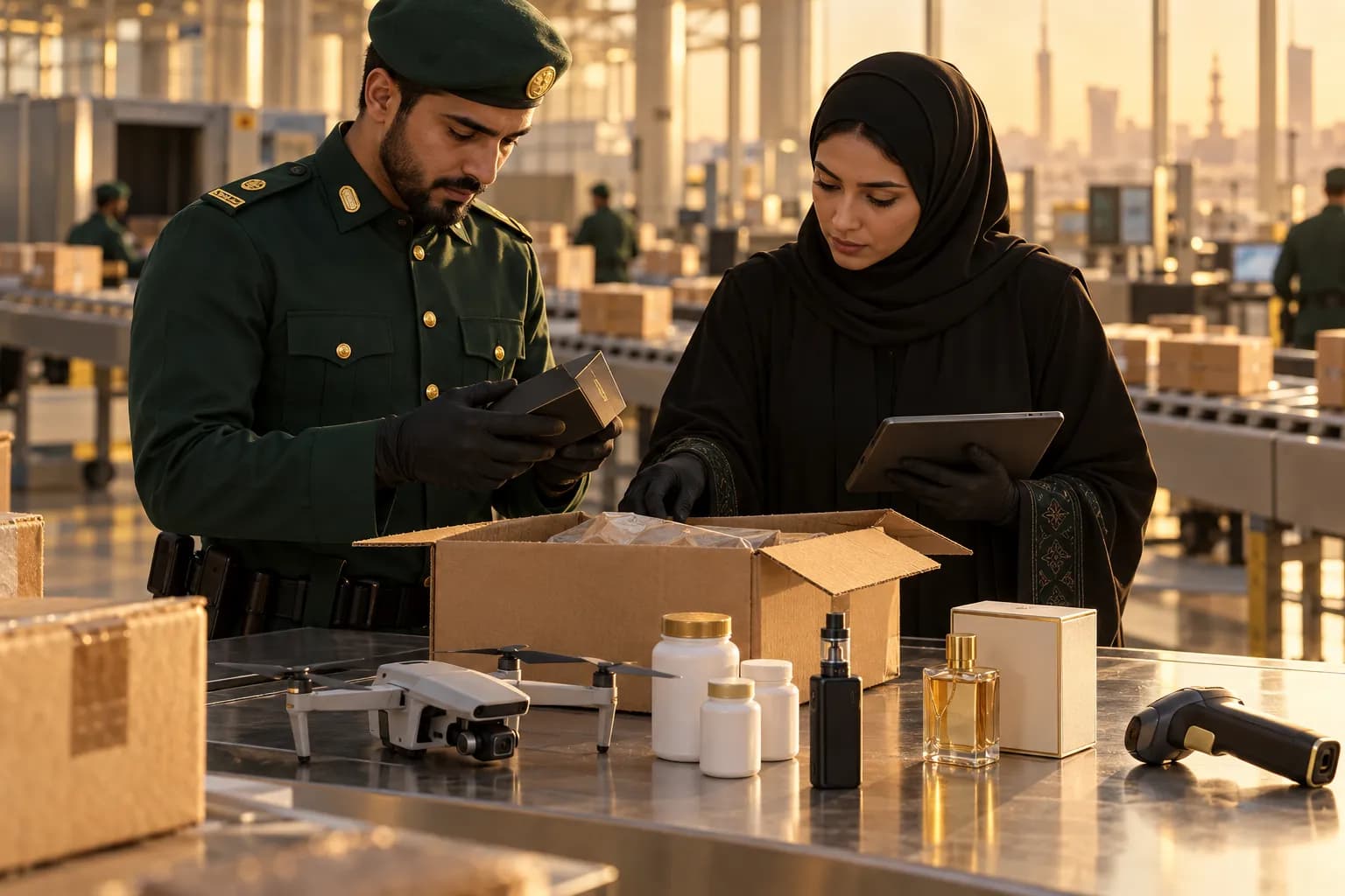 Customs officer and a broker inspecting opened ecommerce cartons on a table in a bright Saudi customs warehouse