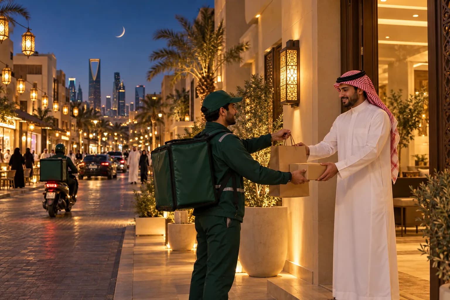 A delivery rider hands a shopping bag and parcel to a man in a white thobe at a Riyadh villa on a Ramadan evening