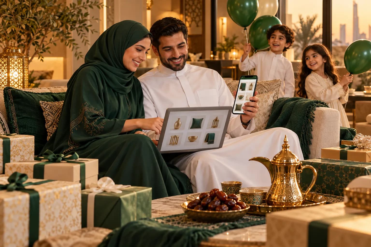 A Saudi family in Riyadh shopping on a phone and laptop surrounded by green gift boxes, scarves and festive decorations