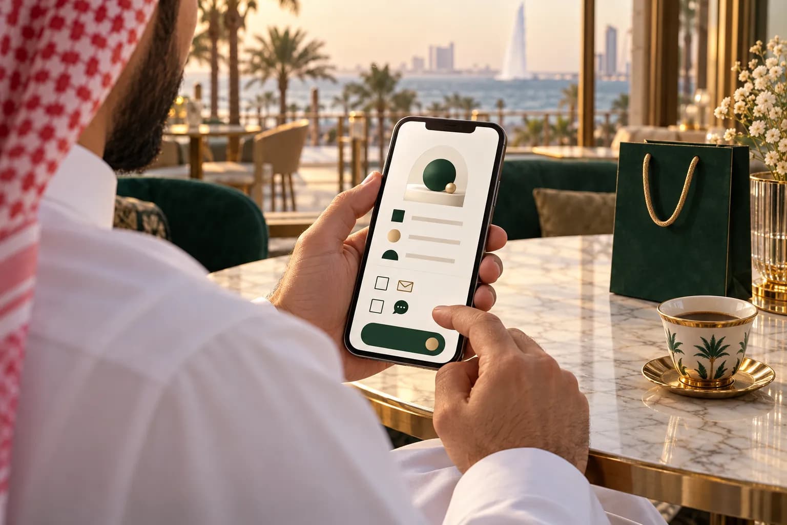 A Saudi shopper on a smartphone at a checkout page with an unticked consent checkbox